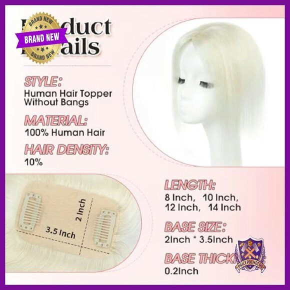 12-Inch Human Hair Topper with 2 Clips for Thinning Hair Solution